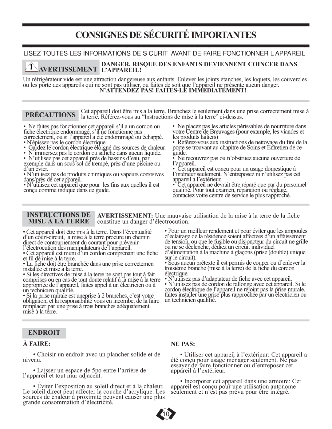 Danby DBC120BLS warranty CONSIGNES DE Sécurité Importantes, Précautions, Instructions De, Mise À LA Terre, Endroit 